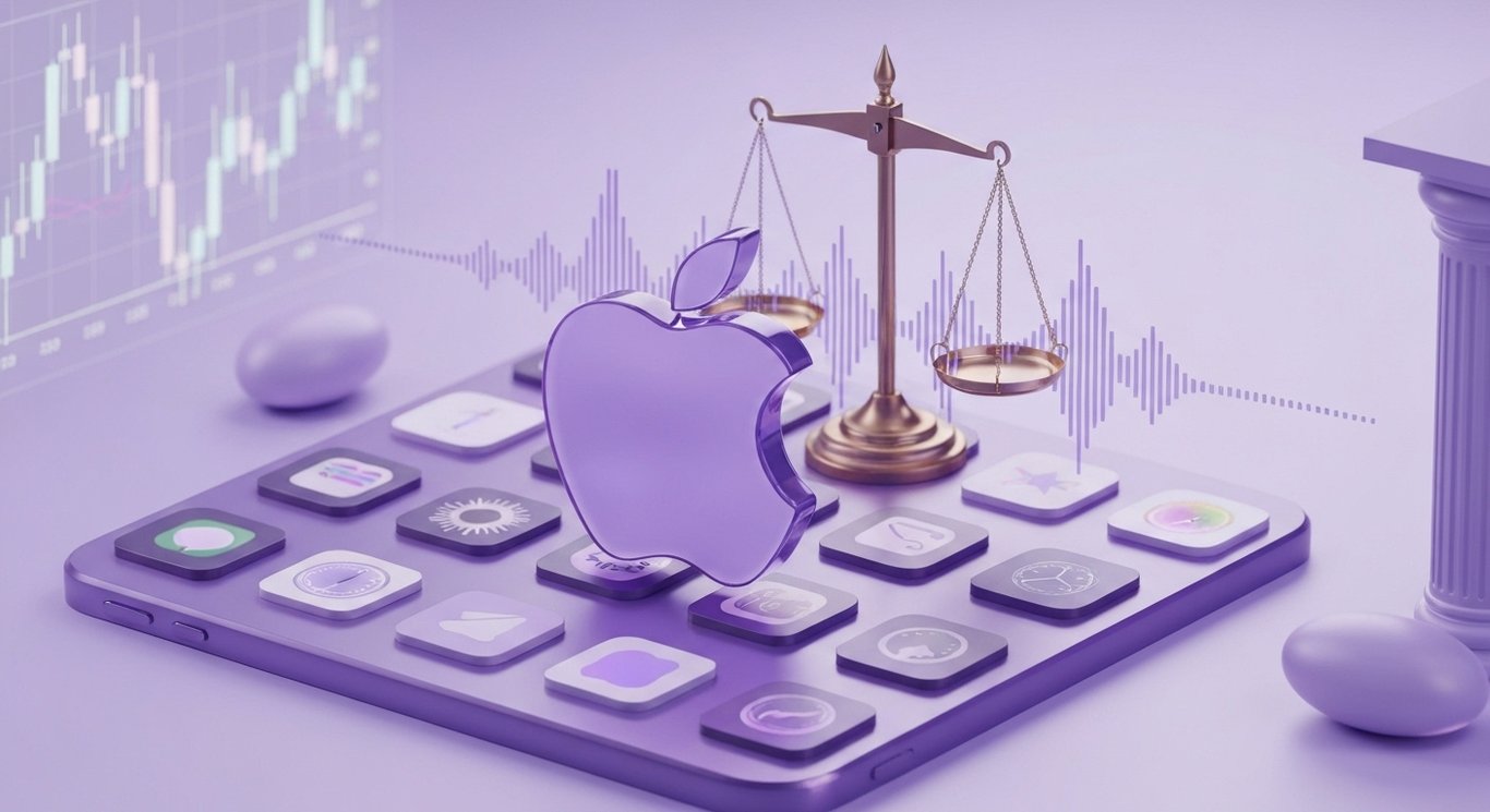 Frosted logo with legal scales, app icons, and stock arrows in purple, symbolizing antitrust action and investor impact