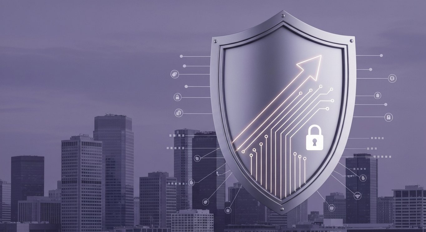 Shield with neural circuits and an ascending arrow before a soft-lit office skyline with faint data nodes