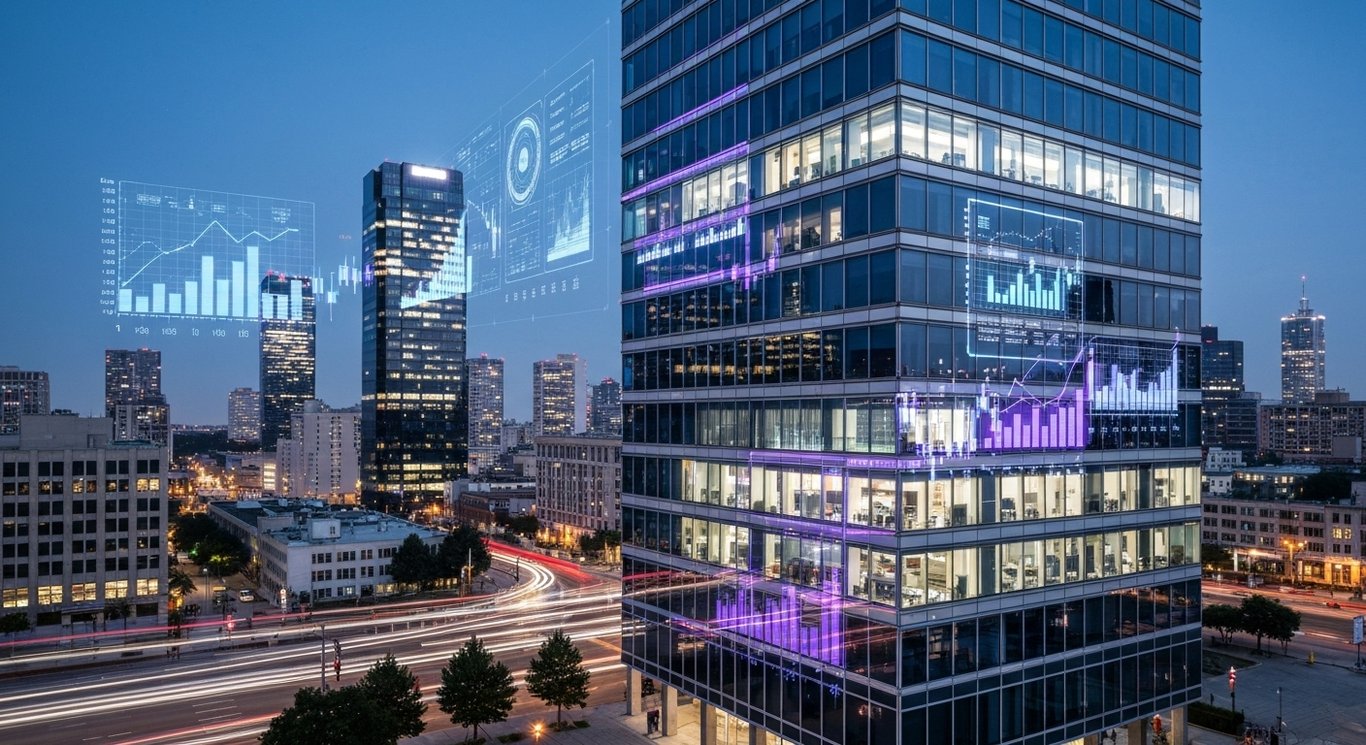 Modern office skyscraper with digital screens in a cityscape accented by abstract financial technology elements