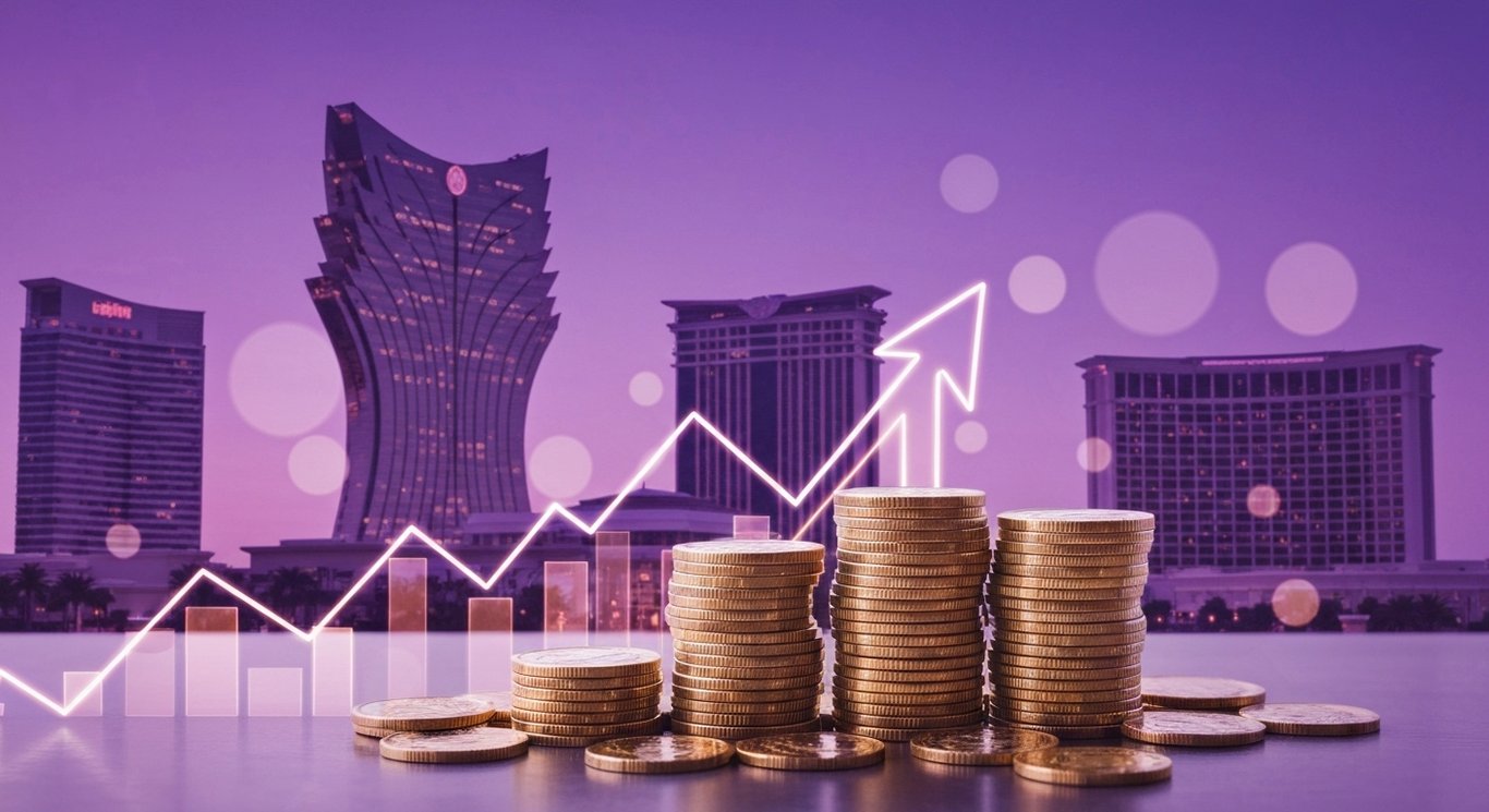 Stacked gold coins with an upward arrow before a casino skyline under a soft purple glow