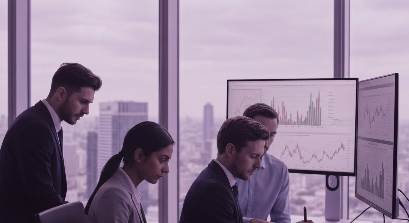 Business professionals review financial charts in a modern office with a city skyline and purple accents