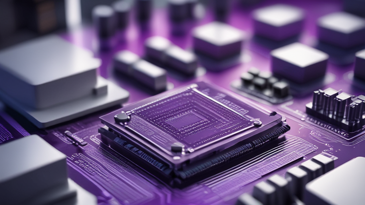 Advanced computer chip on a modern workstation with blurred technical gear in a purple-themed lab