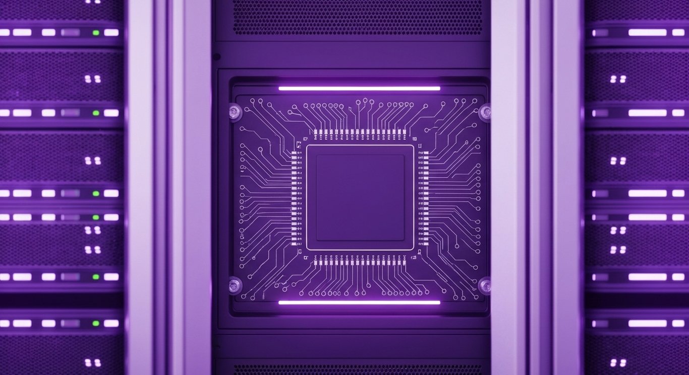 Advanced computer chip in a high-tech data center with glowing purple accents