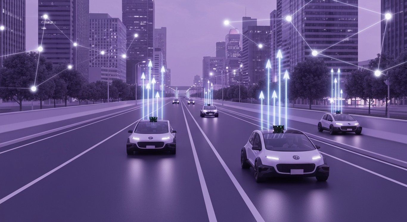 Autonomous vehicle with lidar array in a dusk city, small fleet behind and glowing network links suggest growth