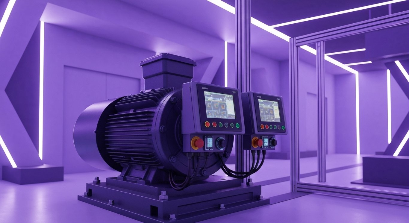 Industrial electric motor with digital sensors in a modern facility illuminated by purple lighting