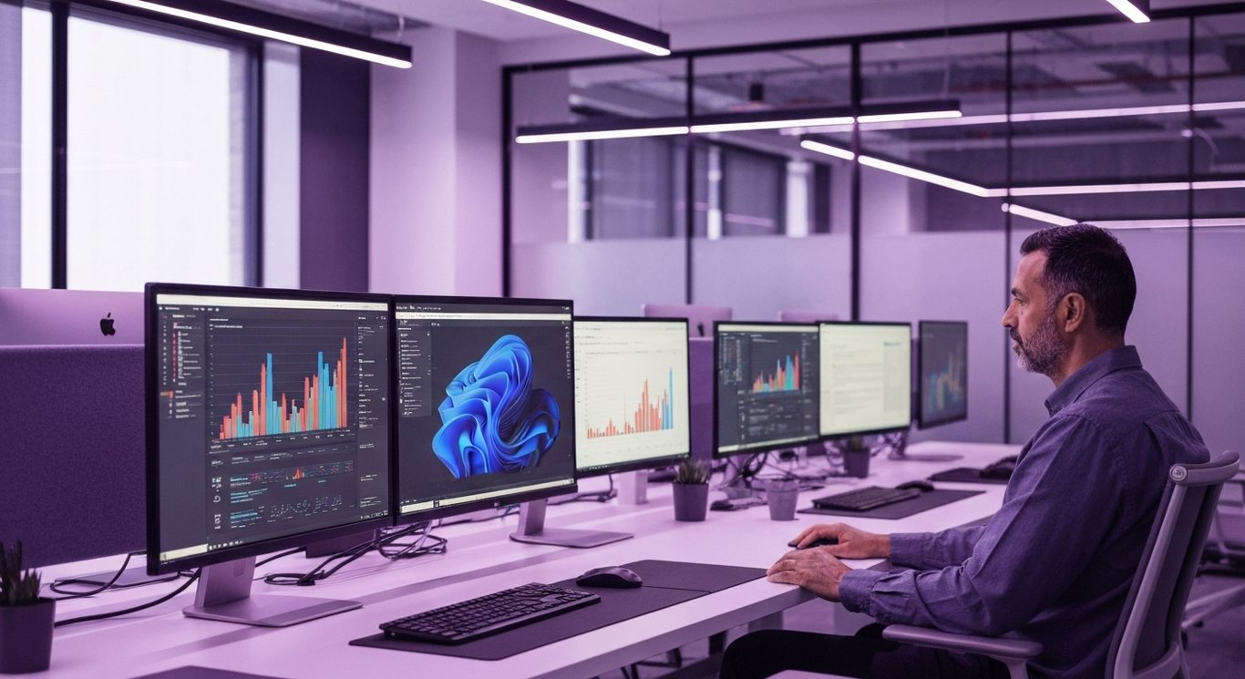 Modern office workspace with computer screens and subtle purple lighting