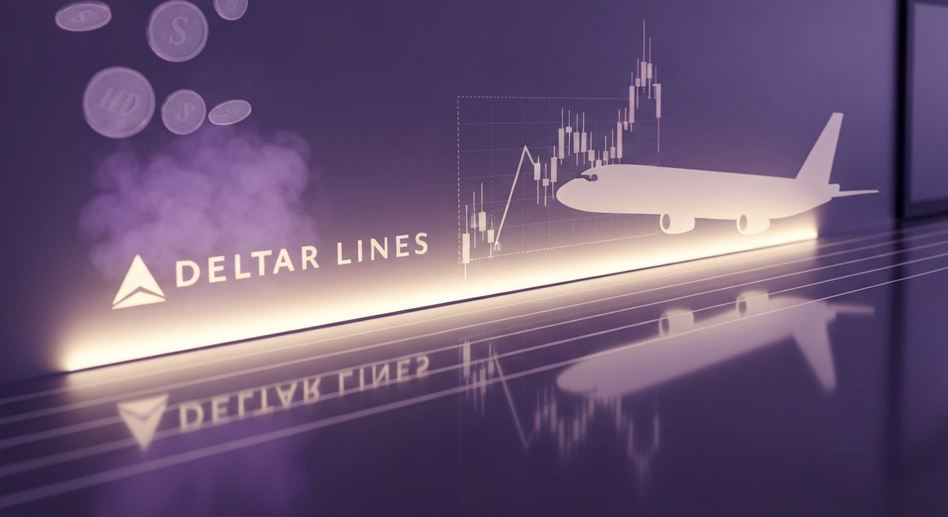 Airline logo etched in frosted glass with jet silhouette, purple candlestick chart, dividend coins, soft glass reflections