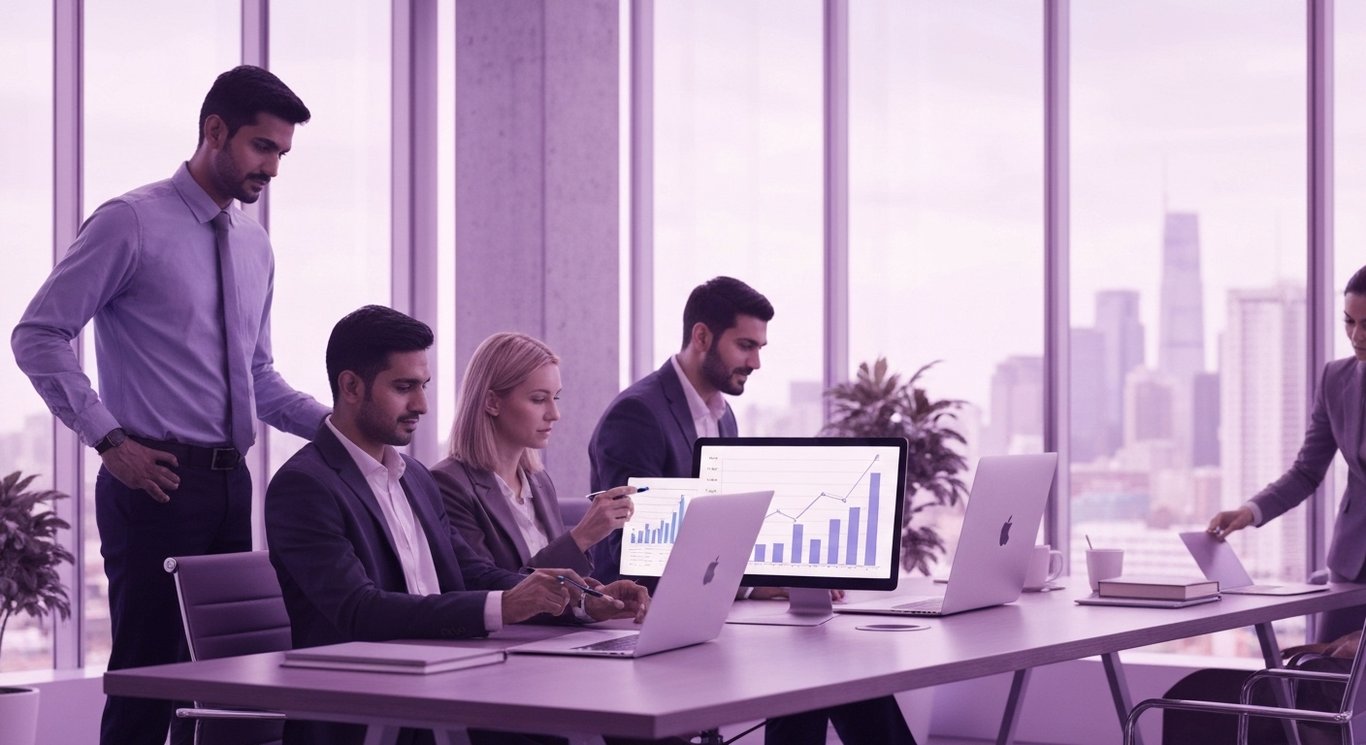 Business people reviewing charts and devices in a modern office with a city view