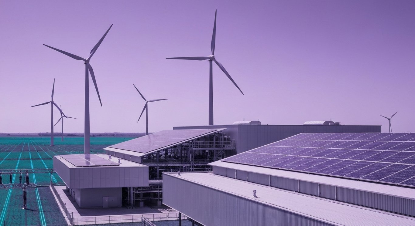 Modern power plant with wind turbines and solar panels in a high-tech grid landscape under a purple sky