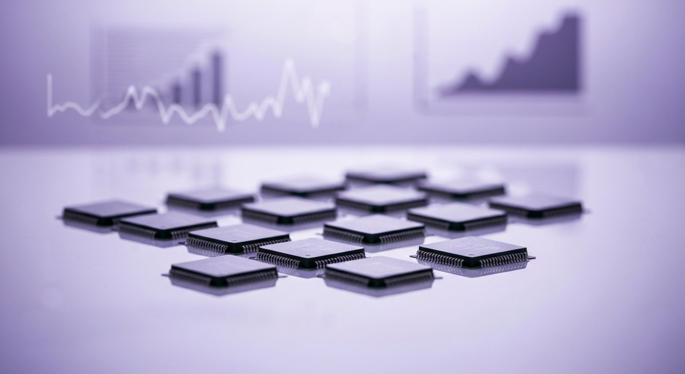 Silver microchips arranged on a reflective surface with subtle purple gradient and abstract lines in the background