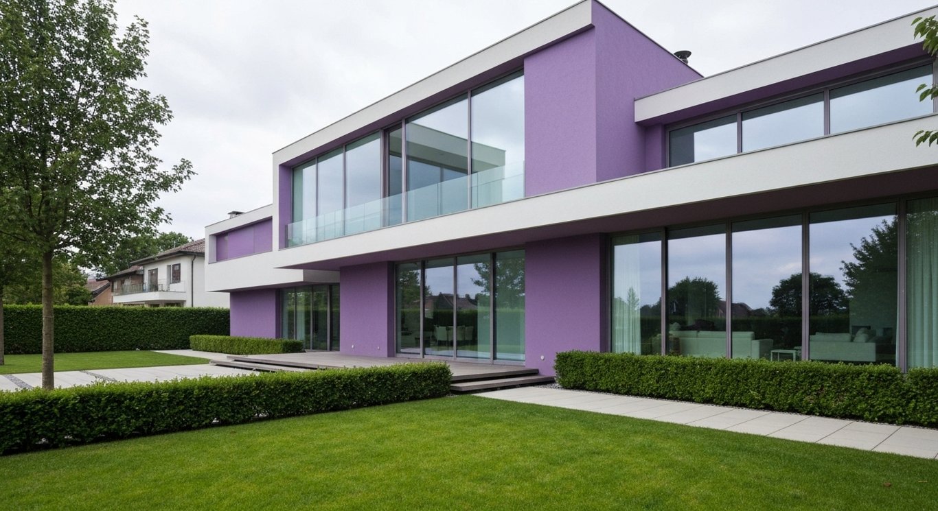 Modern luxury house with large windows and manicured landscaping set in a suburban neighborhood