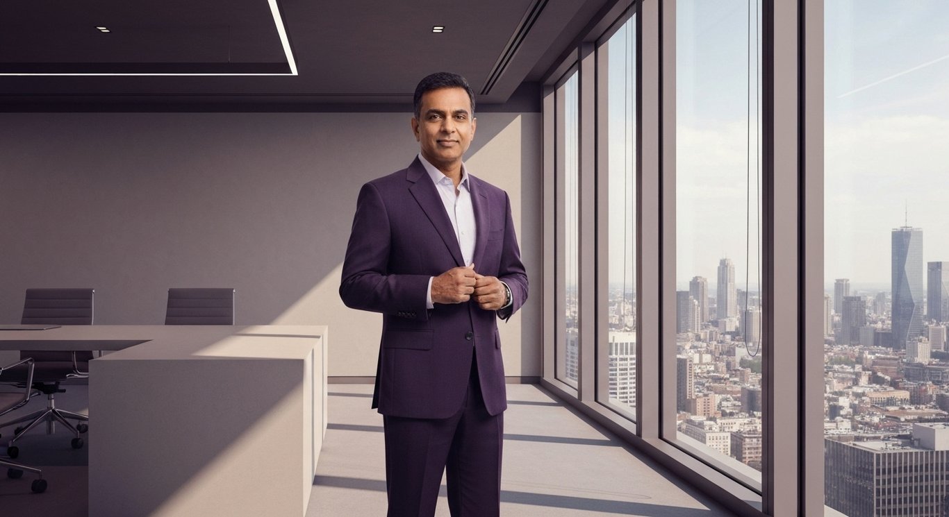 Business executive stands in a modern office with a cityscape visible through large windows, purple tones throughout