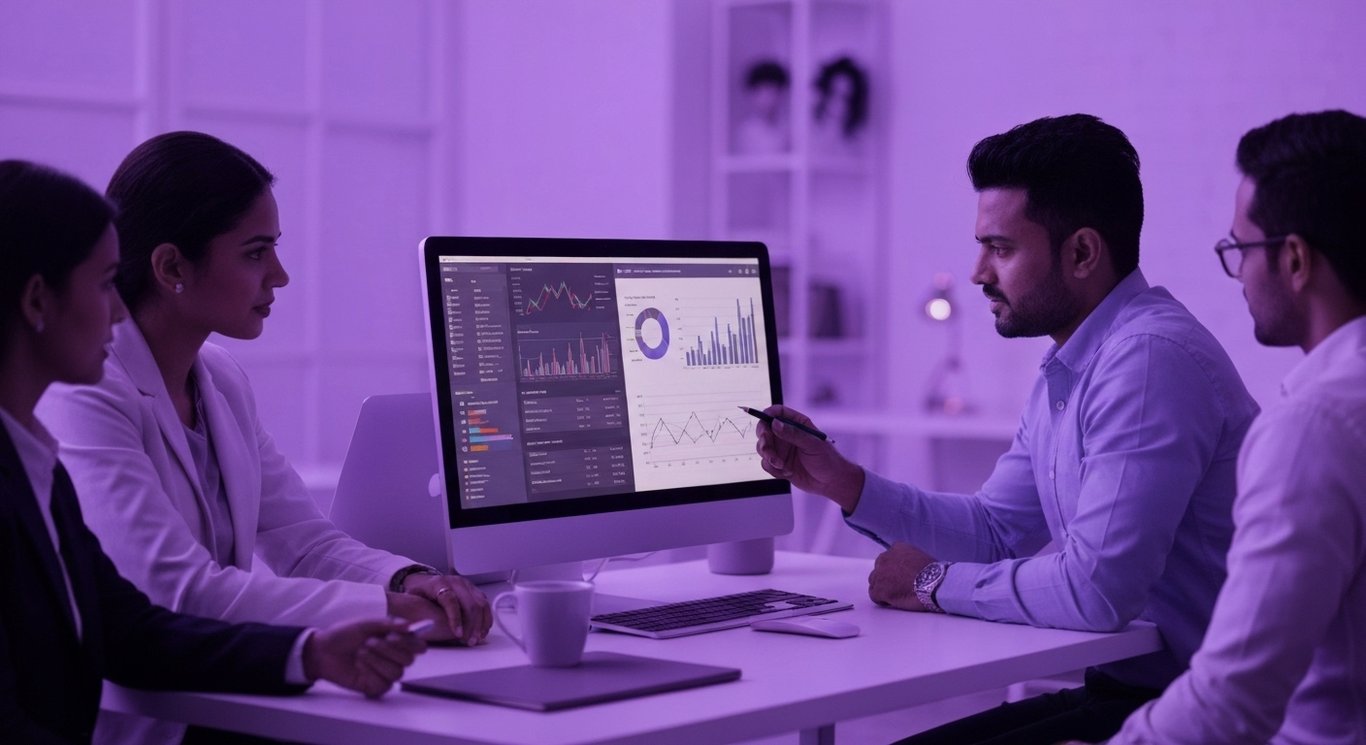 Businessman studies digital financial charts in a modern office with coworkers in the background