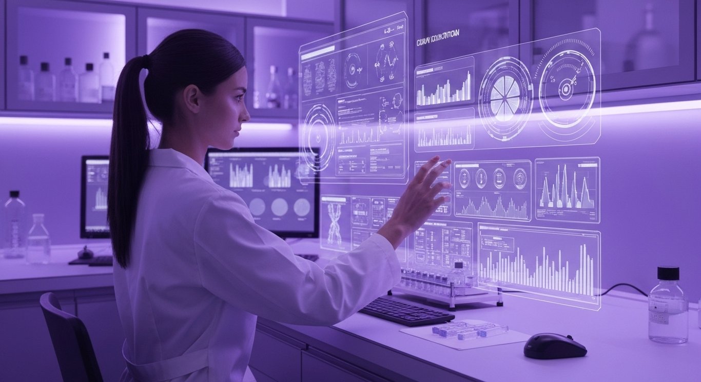 AI technician examines samples at a modern lab with purple-accented high-tech displays