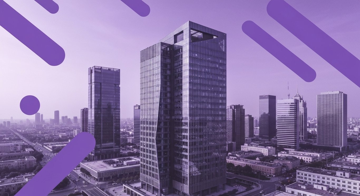 Corporate office tower with a modern city skyline and abstract purple shapes in the background