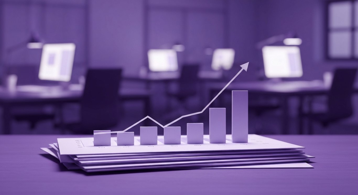 Stack of financial charts with upward trends on a desk with a soft purple background