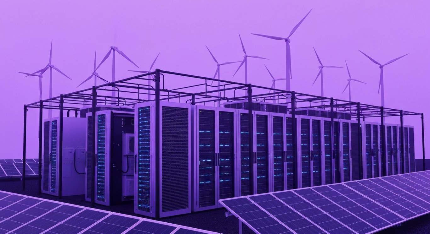 Modern data center with servers and cooling units, set beside wind turbines and solar panels in a purple-toned scene