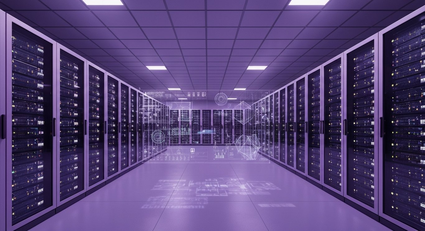 Server racks and holographic digital model in a sleek, futuristic data center with soft purple lighting