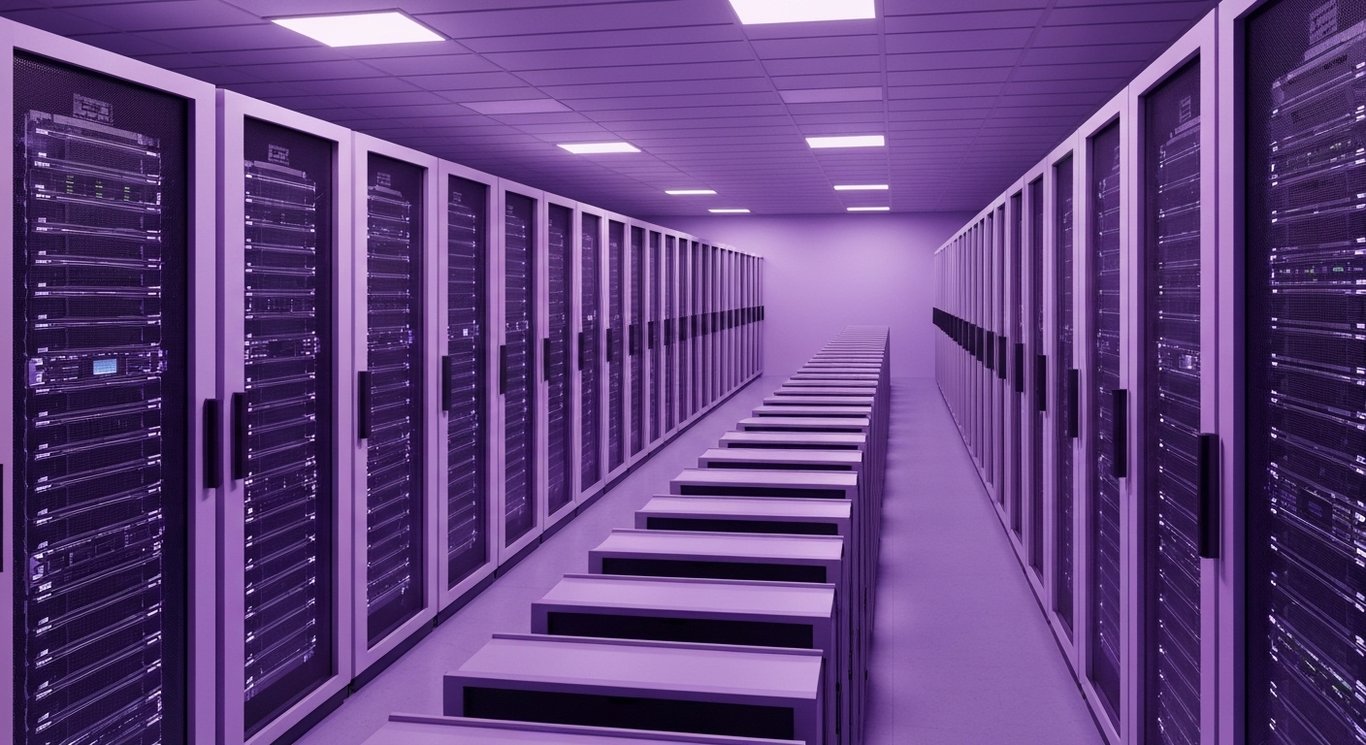 Data server racks with purple LED lights in a high-tech, minimalist data center