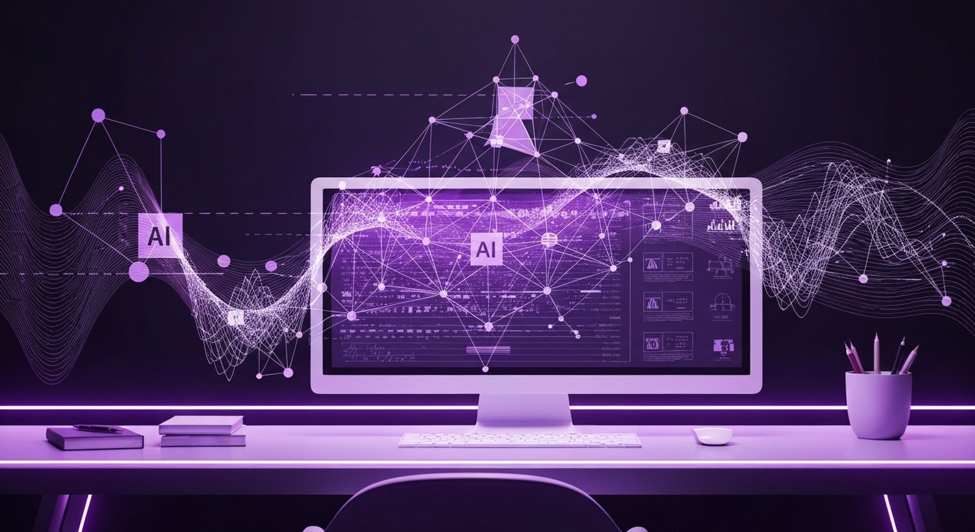 Abstract AI network with geometric shapes and digital waves on a sleek workstation with purple highlights
