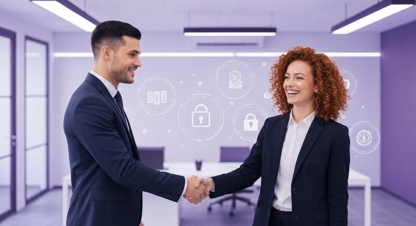 Two business professionals shake hands in a modern office with digital icons floating around them