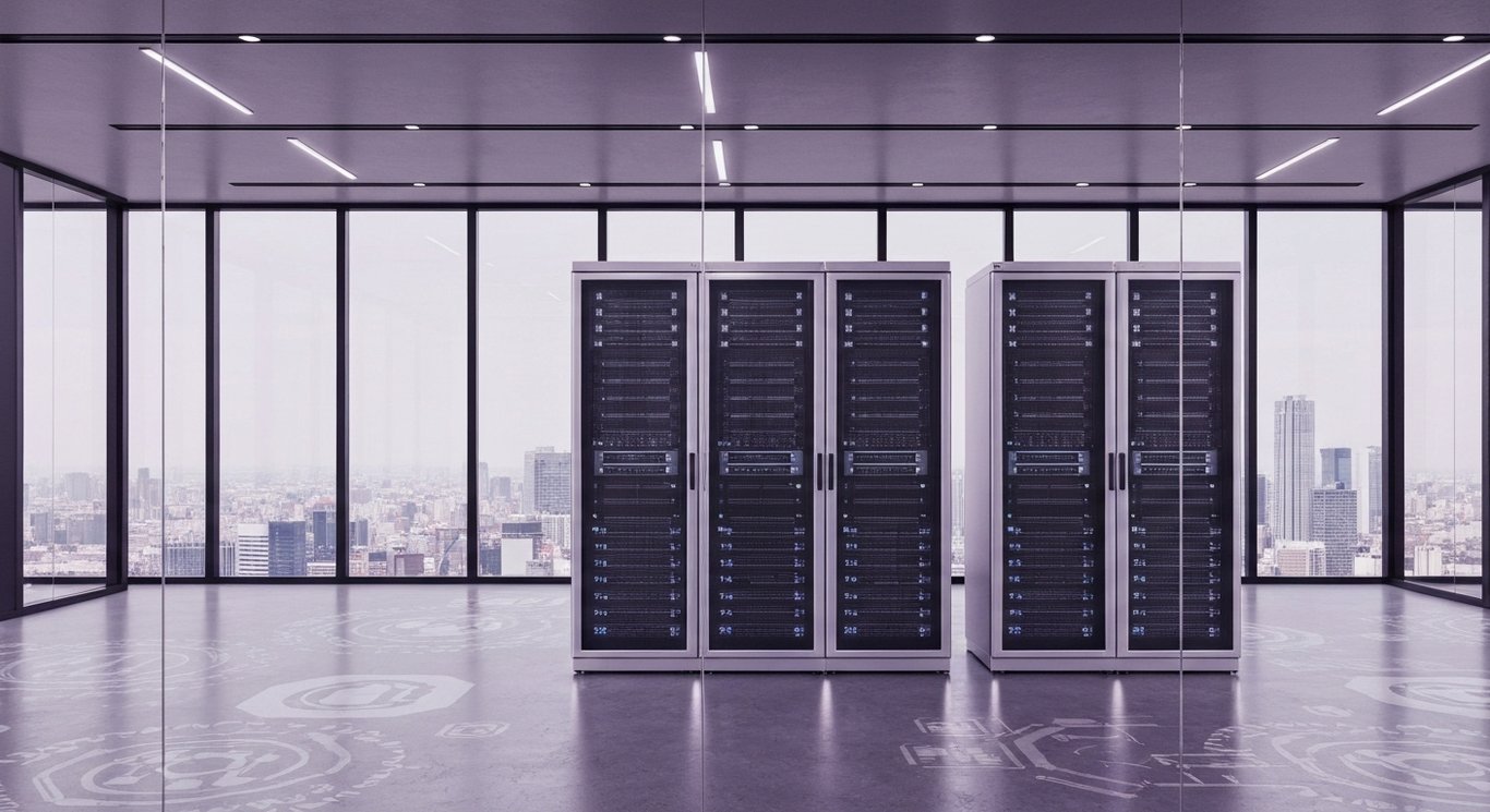 Modern server racks with sleek lighting in a corporate office overlooking a city, all in a purple minimalist theme
