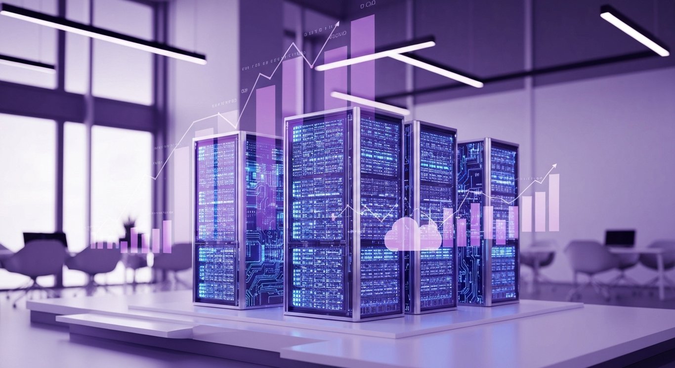Cluster of futuristic cloud servers with glowing digital lines in a modern office setting