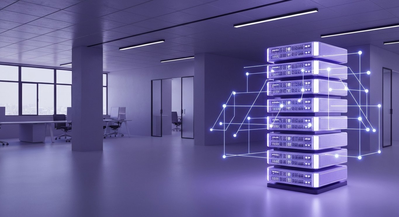 Abstract AI server stack with glowing neural lines in a modern office and purple hues