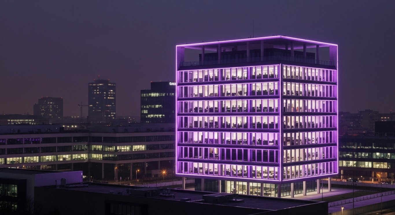 Modern office building illuminated by purple lighting with a sleek cityscape in the background