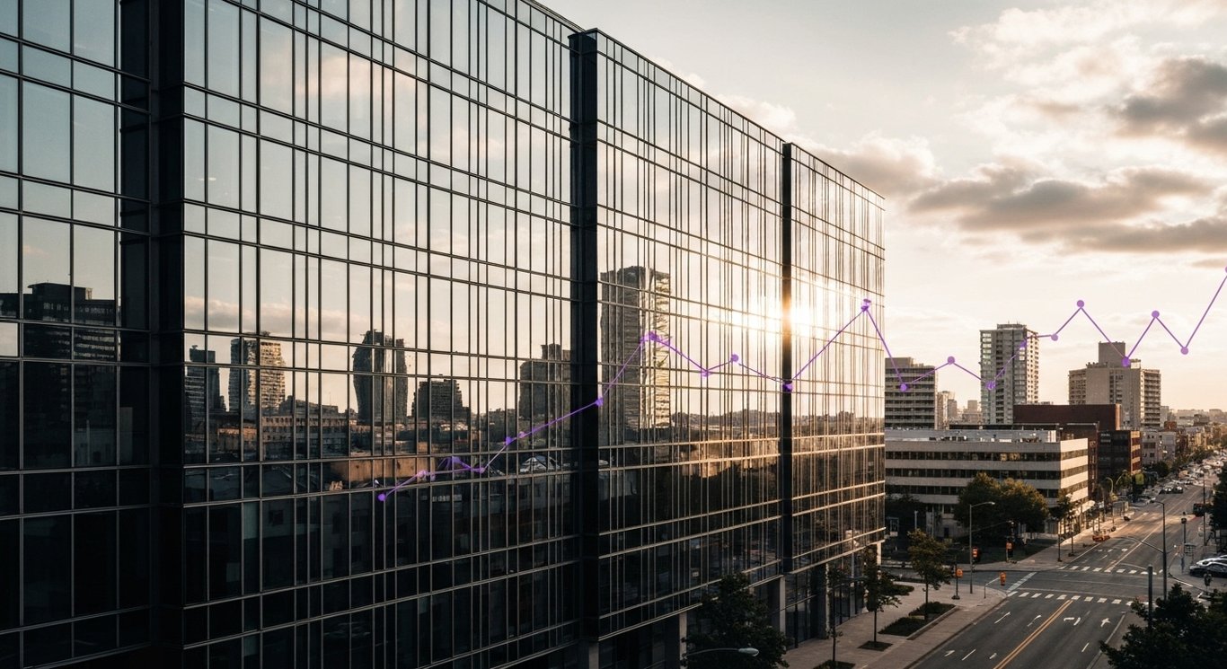 Modern glass office building against a cityscape with abstract financial chart overlays and purple tones