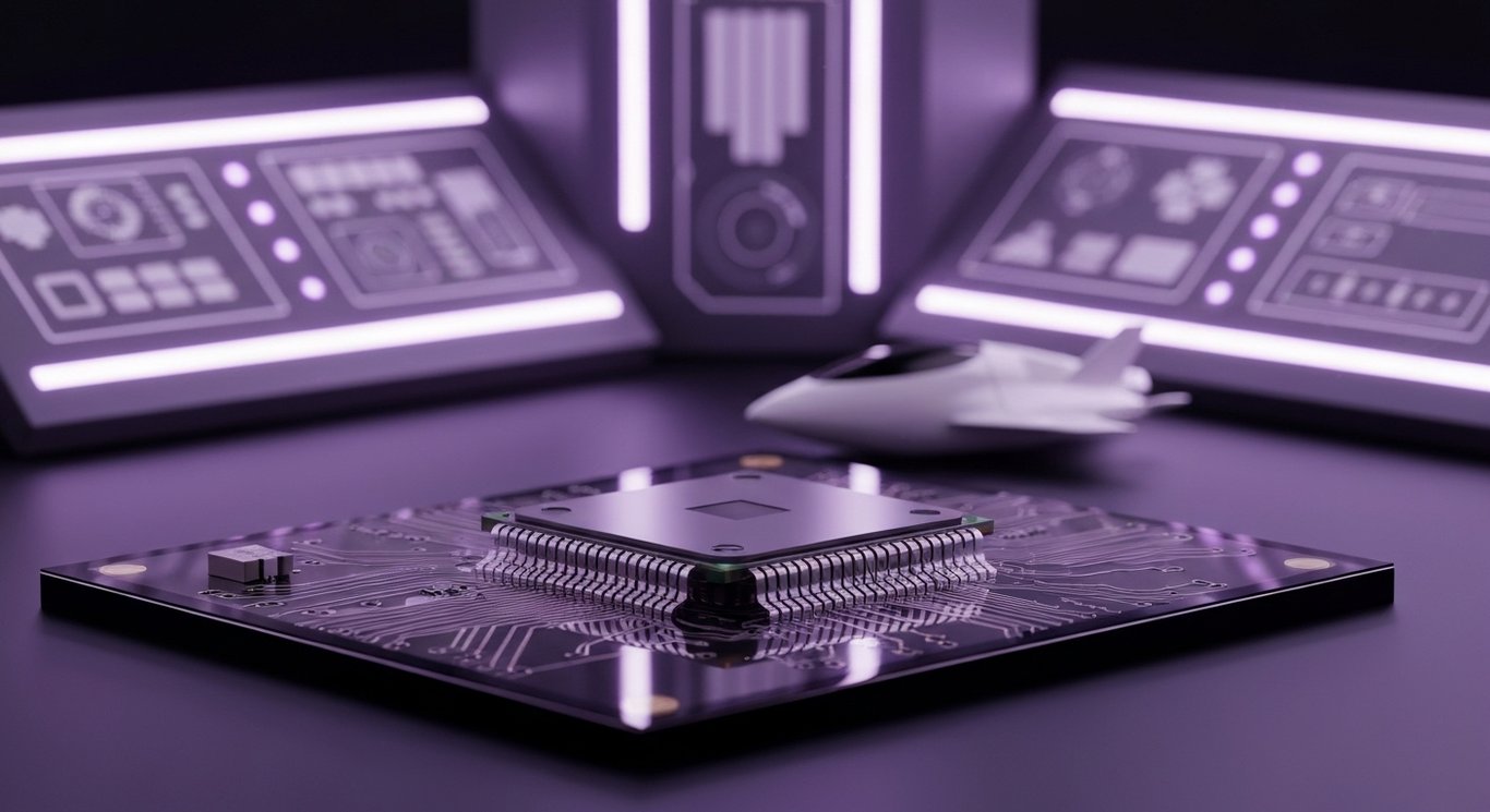 Advanced microchip on circuit board with futuristic aerospace-themed background