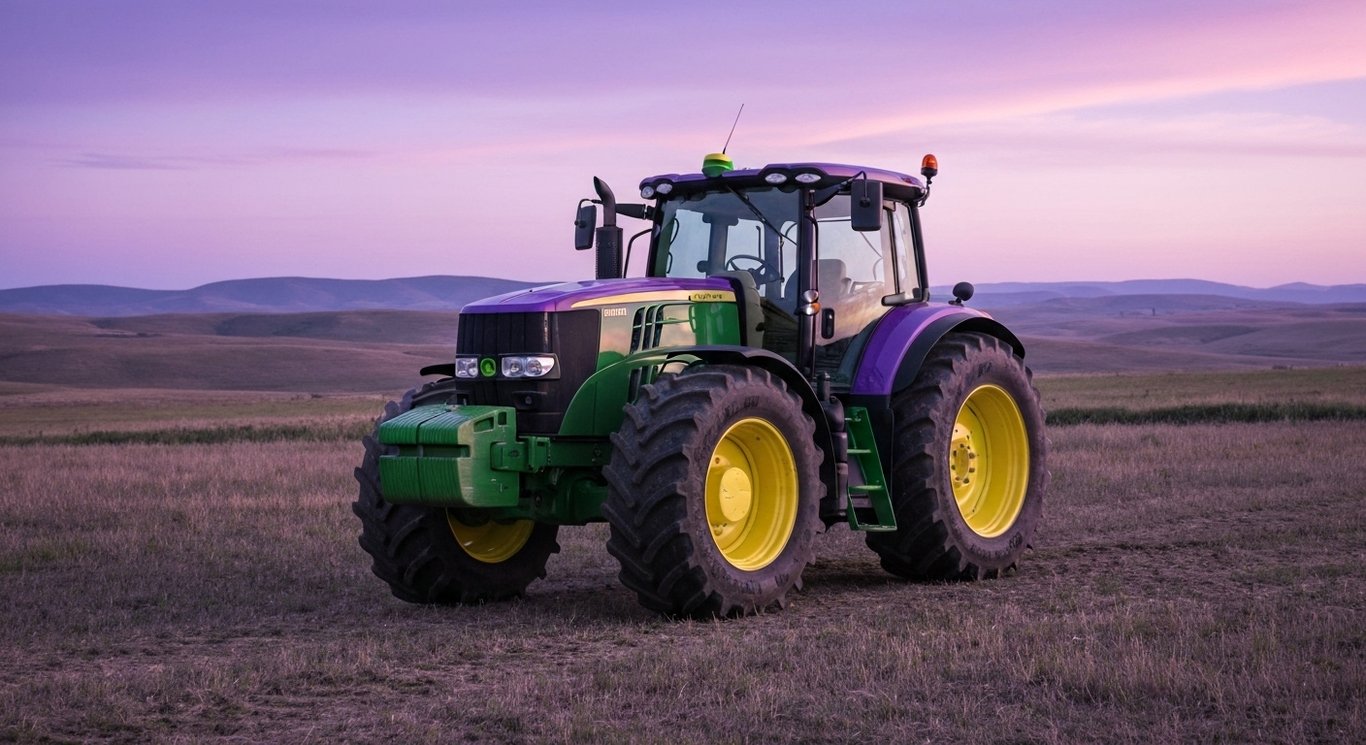Modern farm tractor in open rural field beneath a subtle purple-tinted evening sky