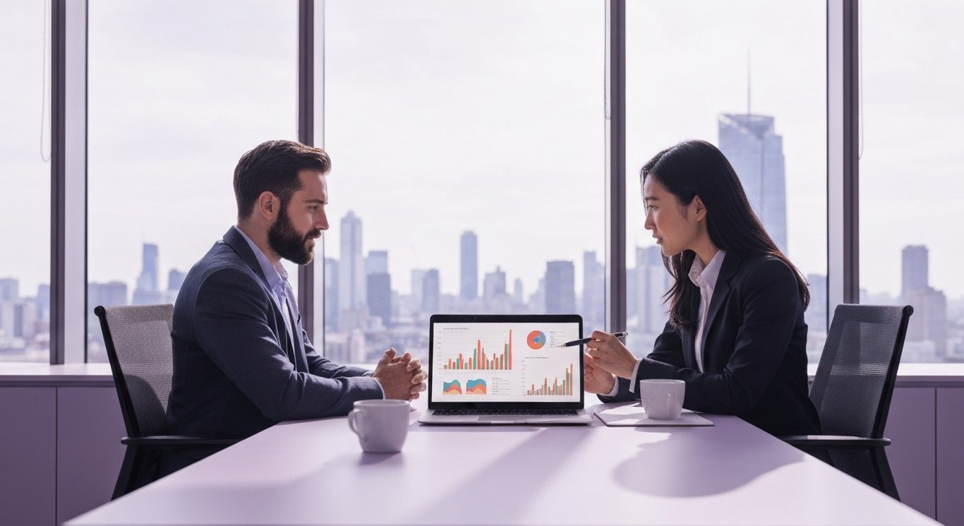 Office workspace with professionals reviewing charts on a laptop, city skyline in background