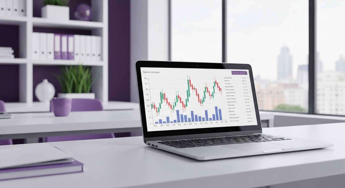 Modern office workspace with a laptop showing financial graphs against a subtle city view background