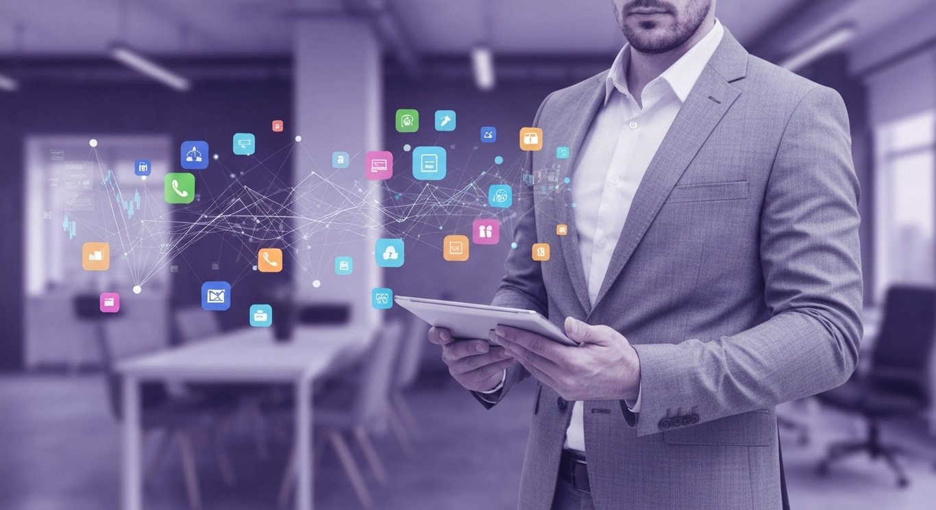 Businessperson with tablet amid abstract financial data and app icons in a modern office with a purple hue