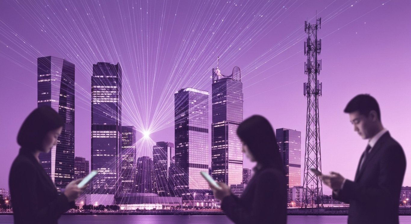Modern city skyline with glowing fiber cables and 5G towers at dusk, people using devices in the background