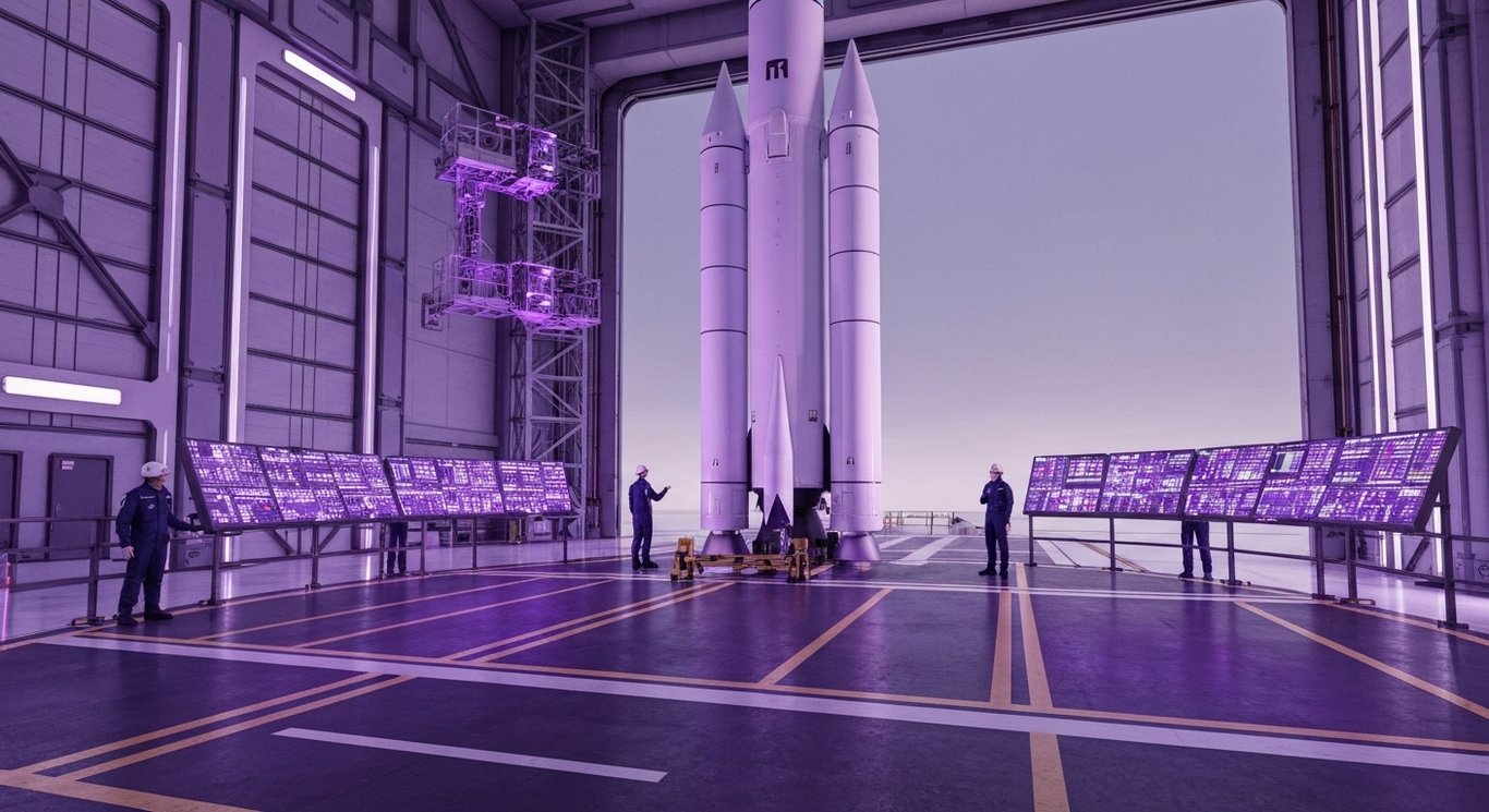 Modern rocket on launch pad with engineers and a sleek facility in a purple-themed environment