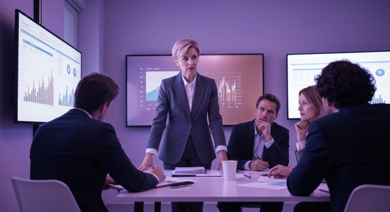 Business professionals review financial charts in a modern office with purple-themed accents