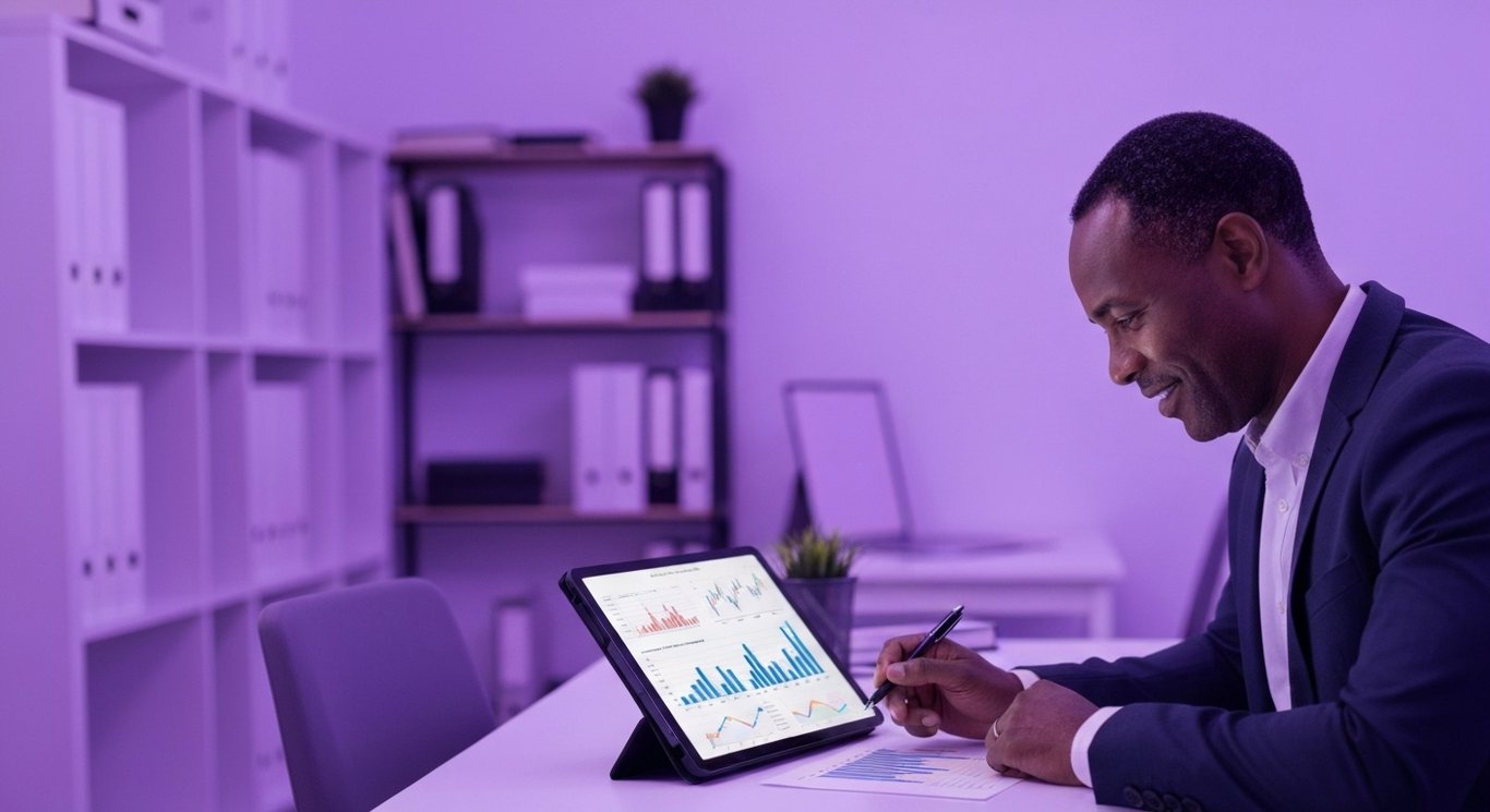 Businessperson studies financial charts on a tablet in a sleek office with a soft purple background