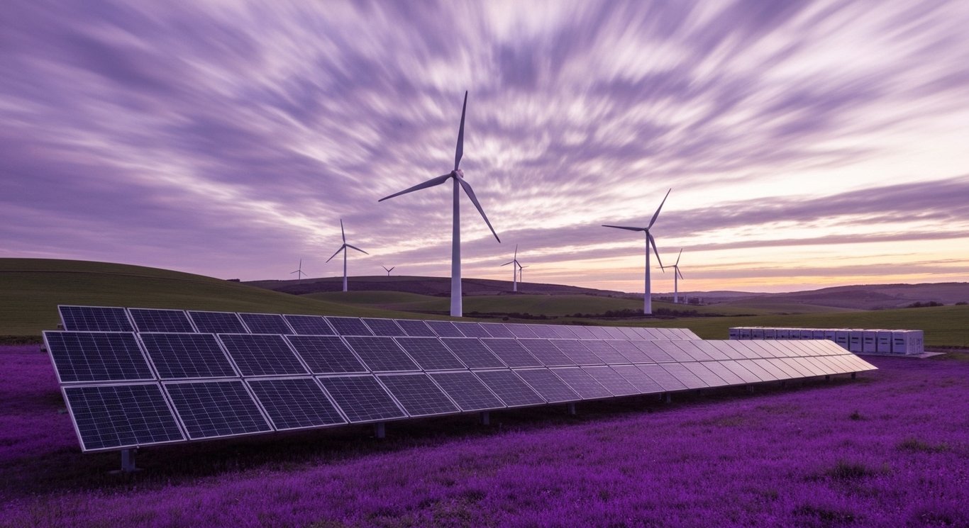Solar panels and wind turbines in a green landscape with distant battery outlines under a purple sky
