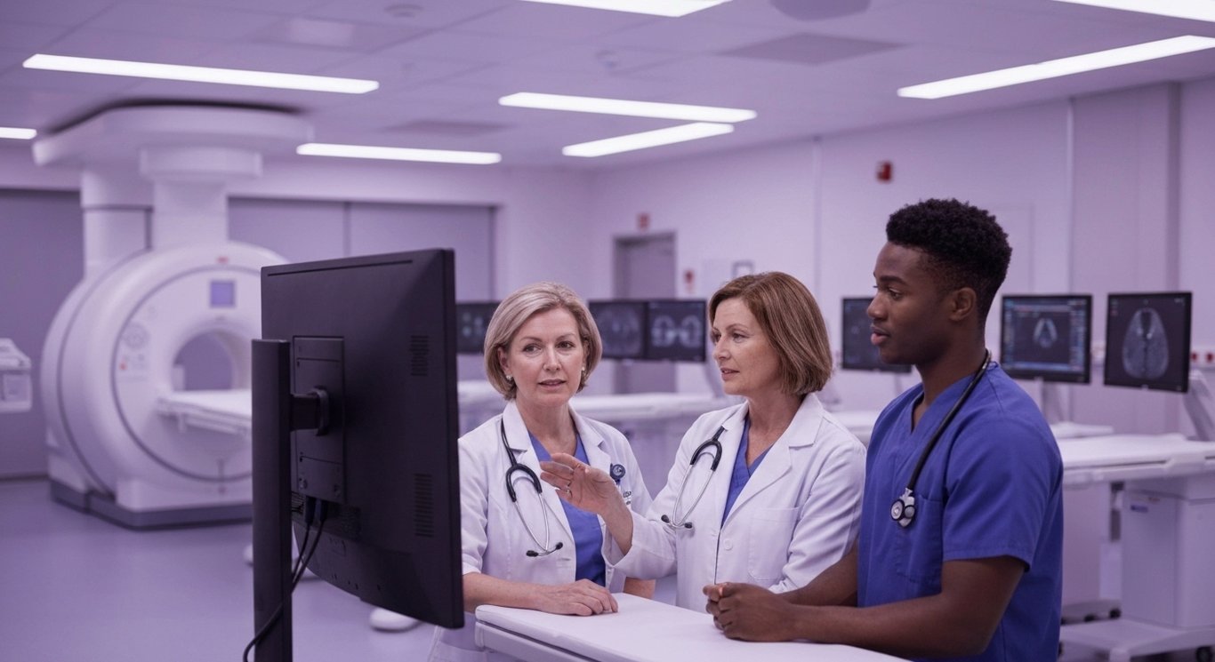 Medical professionals confer in a high-tech hospital room with purple-toned lighting