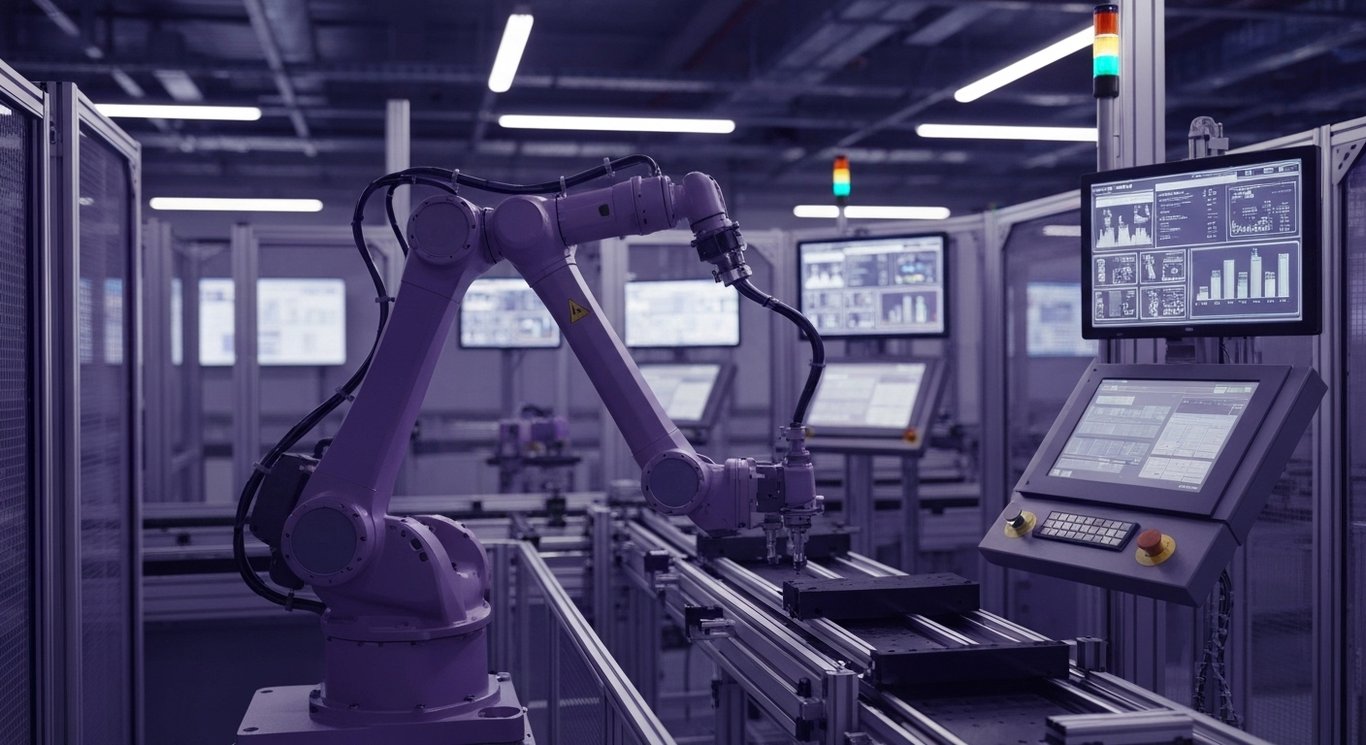 Smart industrial robot arm working on a production line in a digital factory with purple lighting