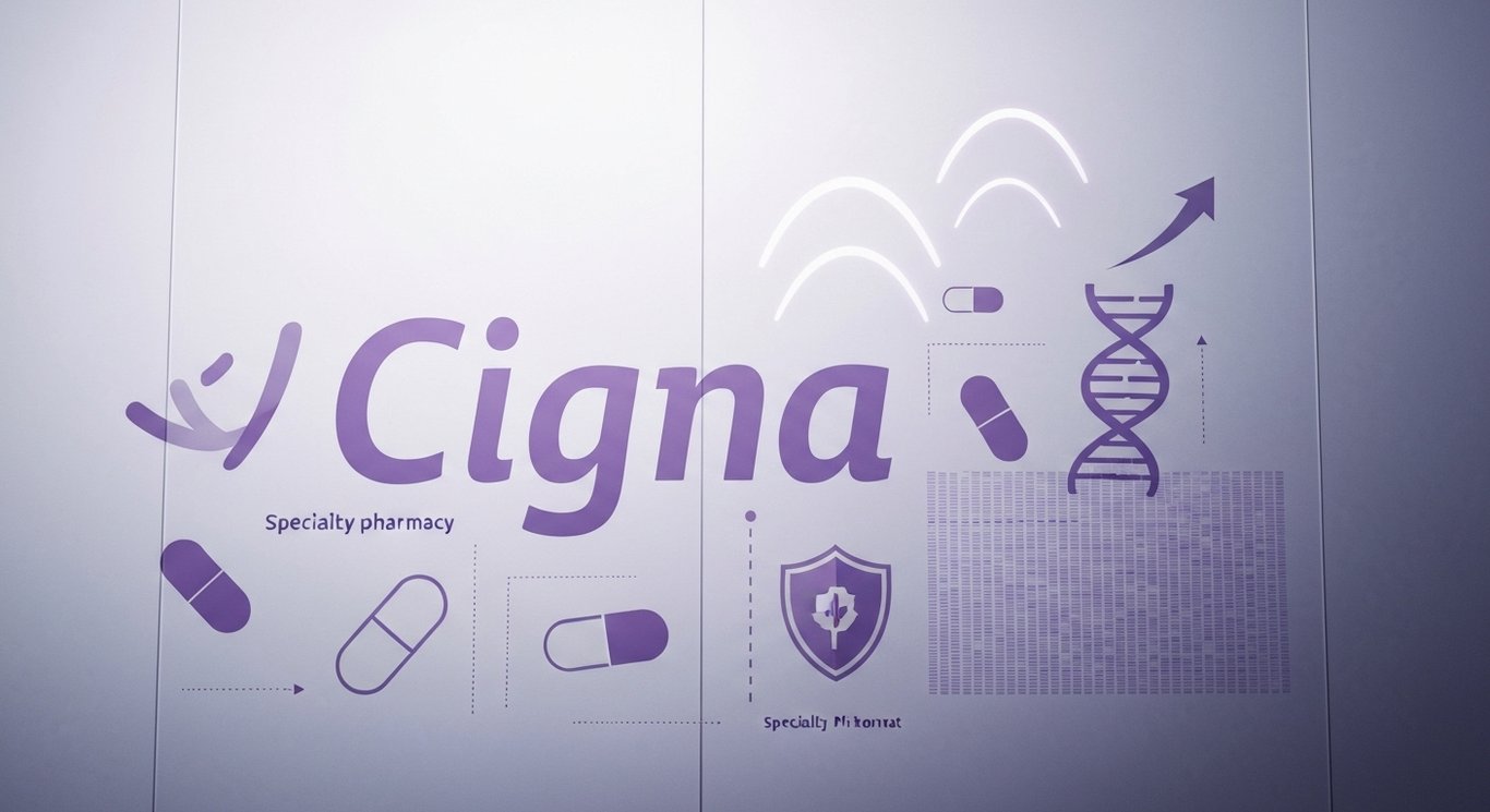 Logo in frosted purple glass amid specialty pharmacy icons, shield motif, DNA helix, upward charts glowing in purple light