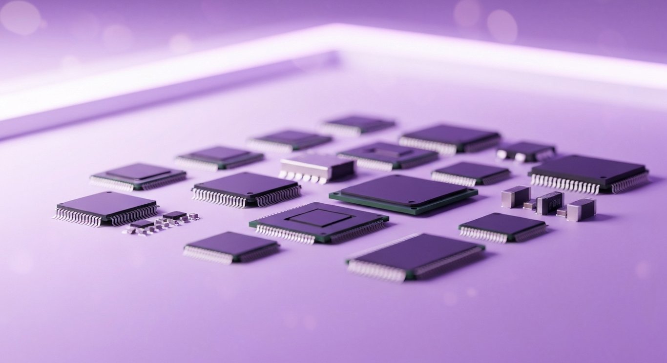 Microchips and components on a tidy workspace with futuristic purple lighting