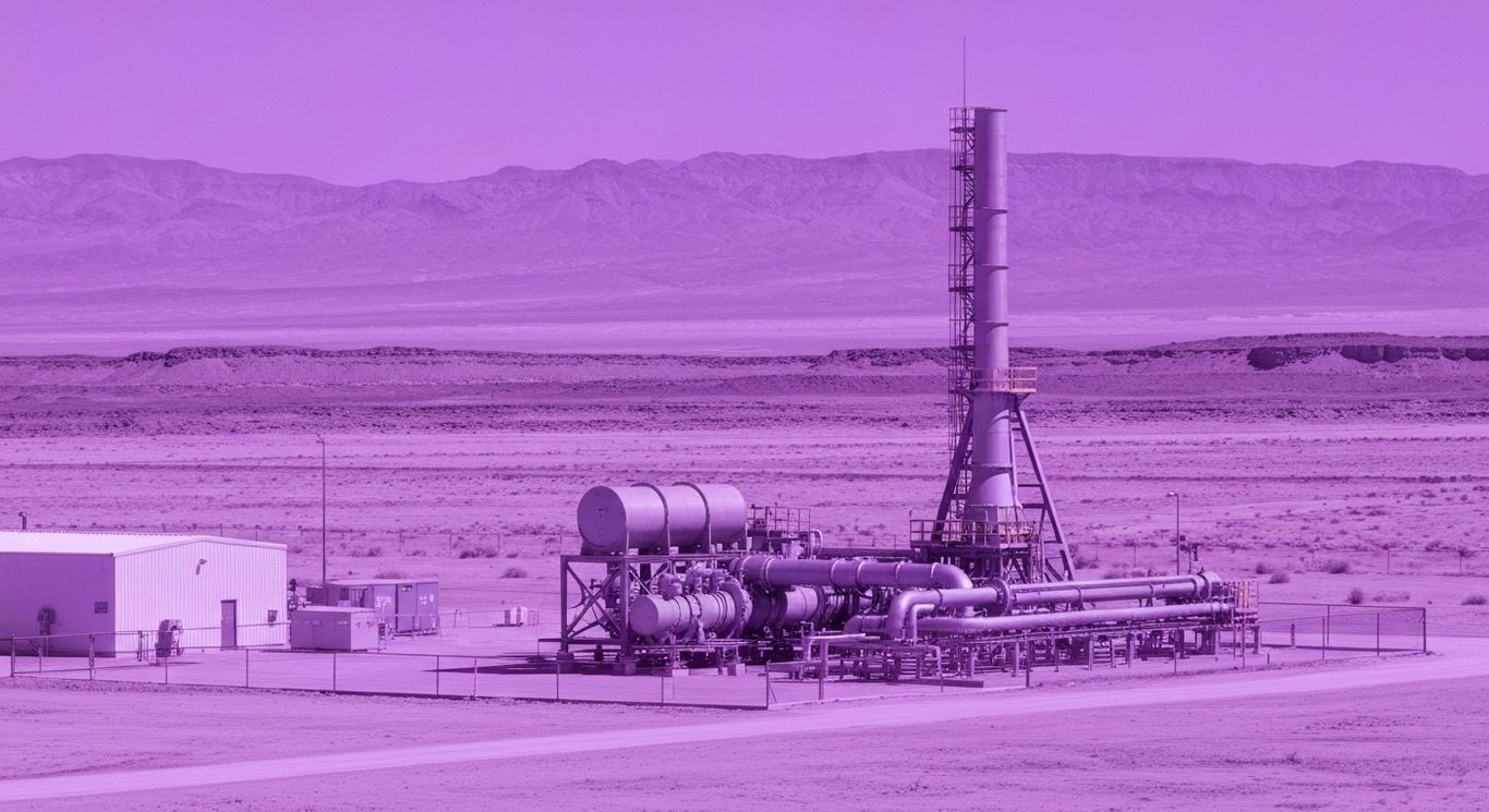 Oil production facility with air capture machines set in a desert landscape with hints of energy infrastructure