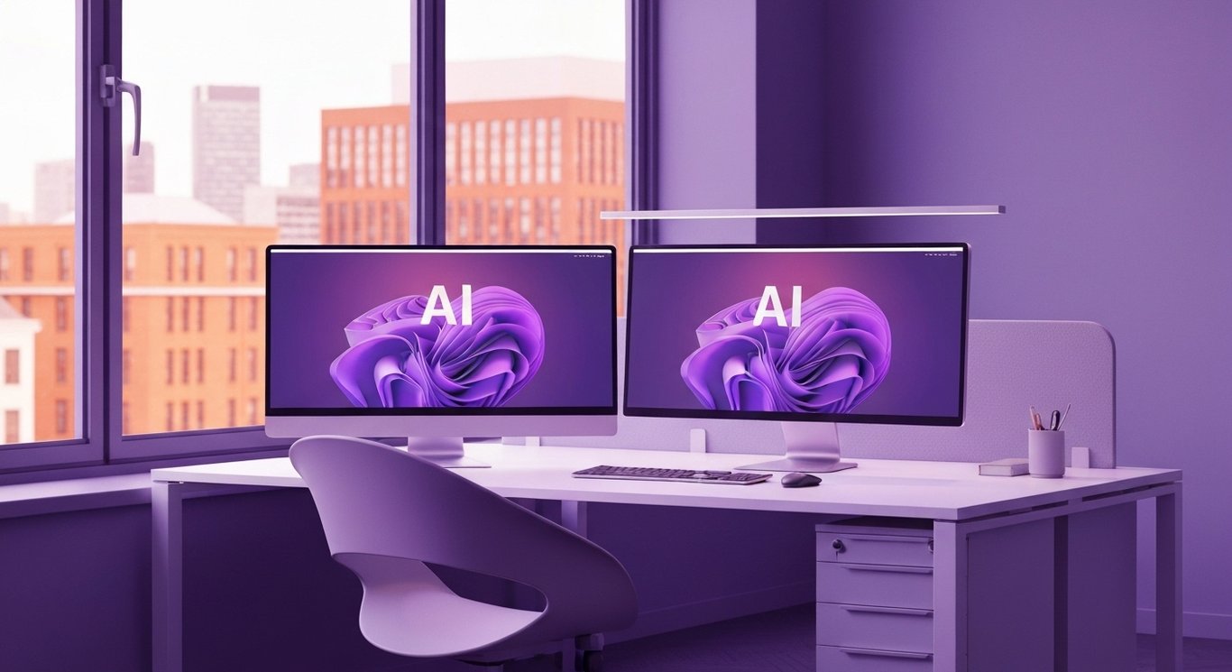 Modern office workstation with computers and abstract AI graphics, soft purple cityscape in background