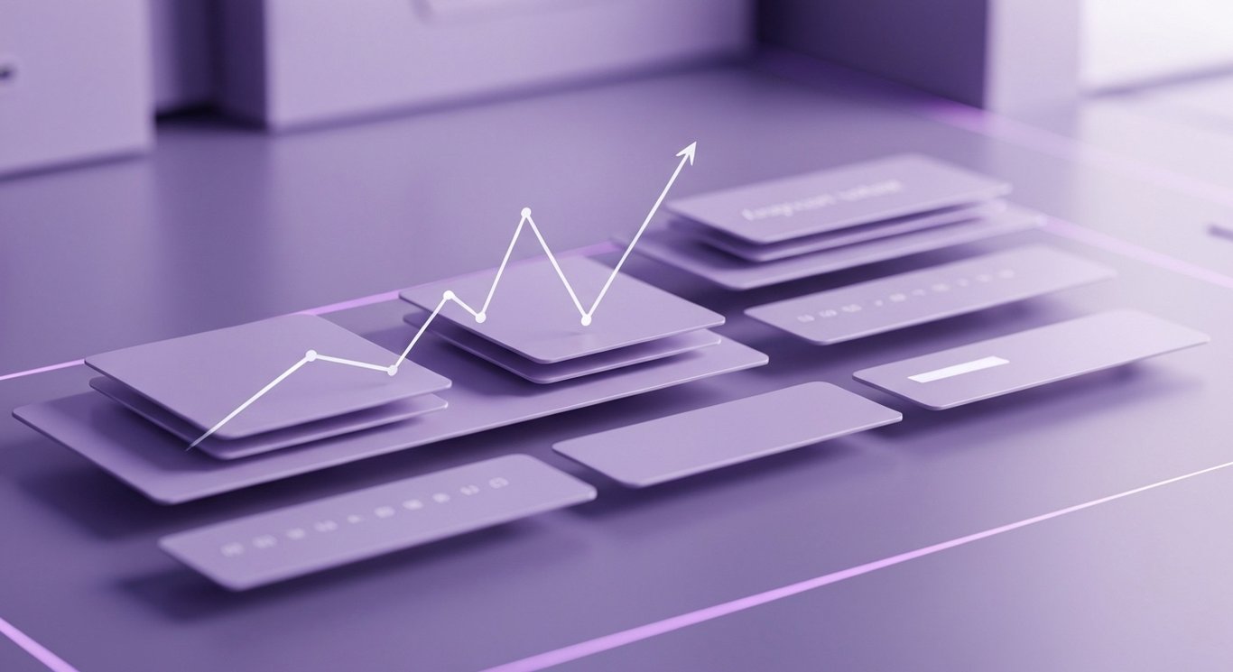 Abstract AI interface with upward trend line on a sleek office desk, soft purple glow in the background