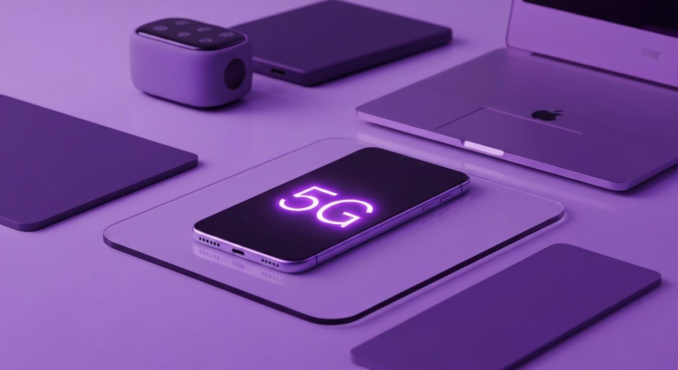 Smartphone with 5G icon glowing on glass surface, tech devices blurred in soft purple background