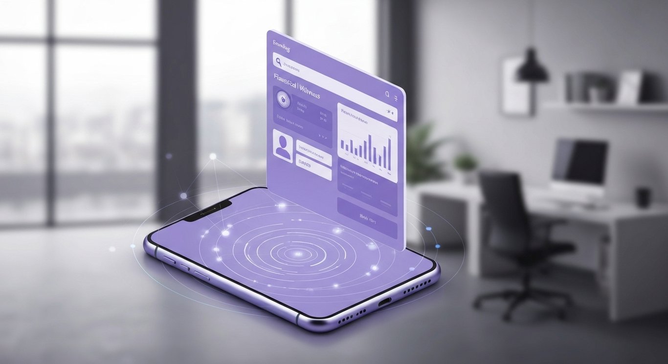Digital banking interface hovering over smartphone with subtle network nodes and soft purple bokeh backdrop