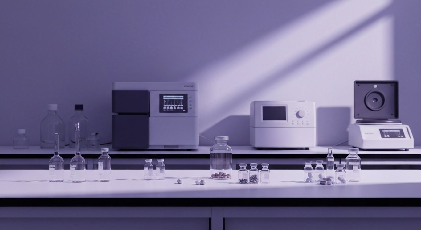 Pharmaceutical laboratory glass vials and capsules on a modern lab bench with a soft purple background